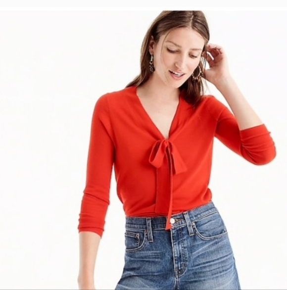 J.Crew Italian-Spun Cashmere Tie-Neck Sweater — Classic Red. Size Medium - Picture 3 of 16